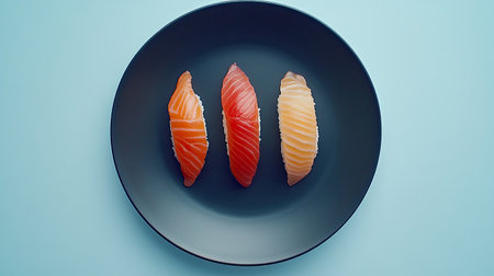 A visually striking sushi platter showcasing three beautiful salmon varieties on a sleek plate. Perfect for food enthusiasts and culinary presentations.の素材