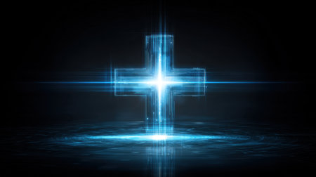 This stunning image features a glowing blue cross illuminated against a dark background, surrounded by light rays. Ideal for themes of spirituality, faith, and hope.の素材