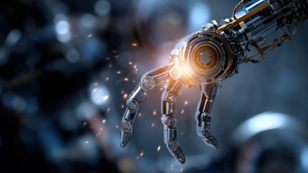 This image captures a close-up view of a futuristic robotic hand with intricate details. The hand glows with light and emits sparks, symbolizing technological advancement.の素材