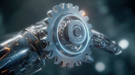 This captivating image features a close-up of a robotic hand with a gleaming gear, set against a blurred abstract background, highlighting the intersection of technology and design.の素材