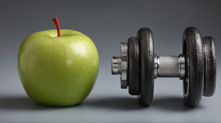 A vibrant green apple placed beside a black dumbbell symbolizes the essential balance between nutrition and fitness for a healthier lifestyle and personal growth.の素材