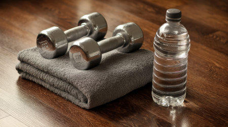 A pair of dumbbells rests on a soft gray towel next to a clear water bottle, set on a wooden floor, creating an inviting home fitness atmosphere for workouts.の素材