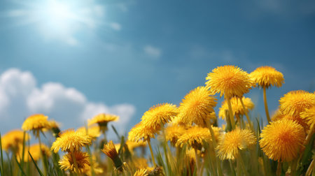 A field of bright yellow dandelions blossoms under a clear blue sky with sunlight filtering through, creating a cheerful and vibrant atmosphere in nature's beauty.の素材