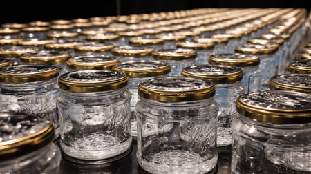 A captivating image of numerous clear glass jars with gold lids, meticulously arranged for efficient storage and preservation in various projects or retail settings.の素材
