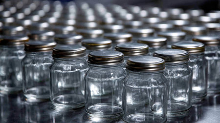 A collection of empty glass jars with silver lids arranged neatly on a table, ideal for showcasing storage solutions, food preparation, and crafting projects.の素材