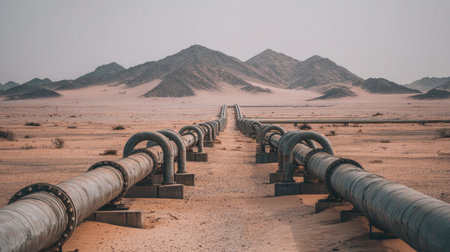 A breathtaking panoramic view of industrial pipelines stretching across an arid desert landscape, framed by majestic mountains under a clear sky, illustrating nature's vastness.の素材