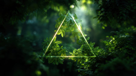 A captivating triangle shape emerges from a tapestry of vibrant green leaves, beautifully illuminated by soft sunlight streaming through the forest.の素材