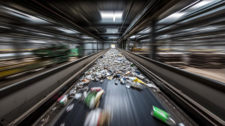 A dynamic view of a conveyer belt in a recycling facility depicts the rapid movement of various waste materials, showcasing the operational efficiency in sorting and processing.の素材