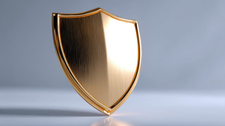 A striking golden shield icon stands elegantly on a smooth surface, reflecting light beautifully, representing themes of protection and security in modern design.の素材