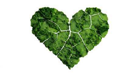 A heart shape composed of vibrant green leaves illustrates the connection between love and nature. Perfect for themes of sustainability and environmental awareness.の素材