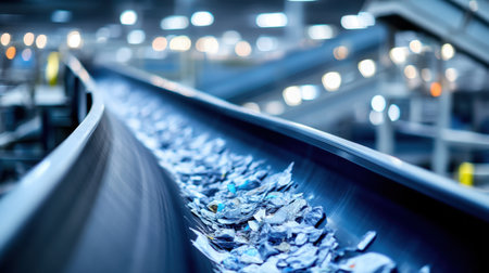 A close-up view of a conveyor belt in a modern recycling facility, showcasing the movement of plastic and paper waste under bright overhead lights, promoting sustainability.の素材