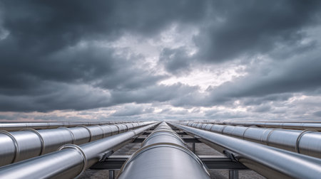 A captivating view of an industrial pipe system stretching towards the horizon under a dramatic cloudy sky, showcasing the beauty of engineering in nature.の素材