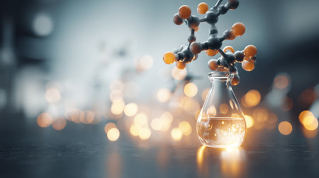 A stunning image featuring a glass flask filled with a glowing liquid, complemented by a delicate molecular structure in a soft-focus laboratory setting. Ideal for science themes.の素材
