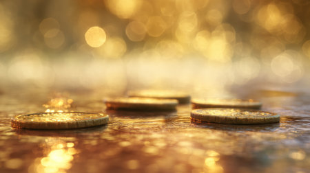 A striking close-up view of shimmering coins resting on a reflective surface, enhanced by a warm blurred background, embodying themes of wealth and luxury.の素材