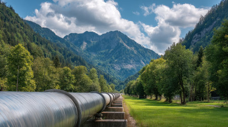 A stunning view of a steel pipeline traversing through a vibrant green valley with towering mountains in the background, creating a serene and picturesque scene.の素材