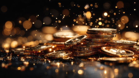 A captivating scene featuring glimmering coins amidst a backdrop of vibrant bokeh lights. This luxurious arrangement evokes feelings of wealth and prosperity.の素材