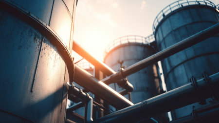A striking industrial scene featuring tall metallic silos and intricate piping, illuminated by warm sunlight at dusk, showcasing the heart of modern manufacturing processes.の素材