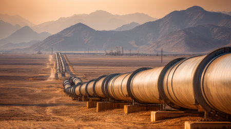A stunning view of a long pipeline traversing a remote desert with majestic mountains rising in the background, illuminated by soft golden hour light, evoking a sense of tranquility.の素材