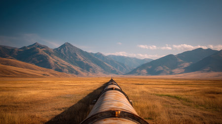 An expansive view featuring a pipeline stretching towards majestic mountains under a clear blue sky, showcasing the beauty of nature and industrial efforts in harmony with the landscape.の素材