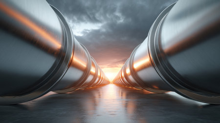 A striking composition of industrial pipes stretching towards a glowing horizon, set against a backdrop of dramatic clouds and reflective wet surfaces.の素材