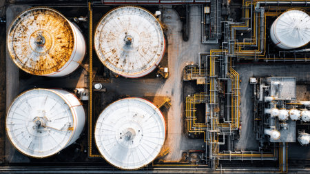 Captivating aerial view showcasing industrial storage tanks and intricate pipeline systems in a modern facility, emphasizing the efficiency of oil and gas operations.の素材