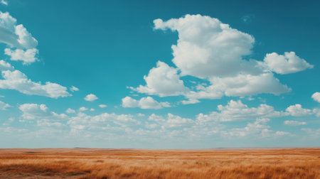 A serene landscape featuring a wide expanse of golden grassland beneath a bright blue sky filled with fluffy white clouds, capturing the essence of natureの素材