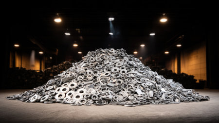 A large pile of metallic washers is showcased in a dimly lit warehouse. The dramatic lighting enhances the texture and detail of the hardware components.の素材