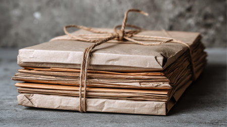 A collection of beautifully stacked packages wrapped in brown paper and tied with twine, perfect for adding a vintage touch to photos, designs, and crafting projects.の素材