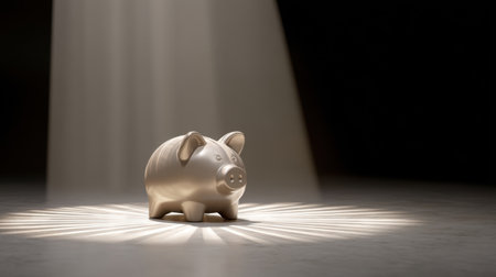 A minimalist piggy bank illuminated by a spotlight creates dramatic shadows, representing the concept of savings and financial growth for individuals and businesses alike.の素材
