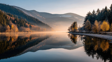 A serene morning scene featuring a tranquil lake surrounded by majestic mountains and vibrant autumn foliage, reflecting beautifully in the calm waters.の素材