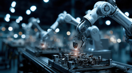 An advanced robotic arm delicately operates on intricate components within a high-tech assembly line, showcasing automation and innovation in modern manufacturing processes.の素材