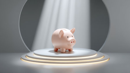 A charming and modern piggy bank stands under a dramatic spotlight on a round stage, representing the essence of savings and financial planning in a minimalist setting.の素材
