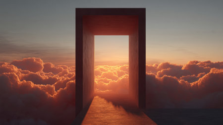 This stunning surreal image features a dramatic gateway leading into a vibrant horizon, nestled among fluffy clouds. The warm colors create an inviting atmosphere of adventure and inspiration.の素材