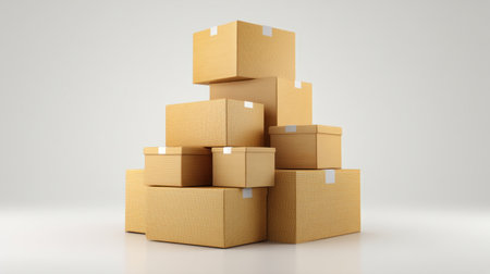 A visually appealing arrangement of assorted cardboard boxes stacked on a bright surface, perfect for representing logistics, shipping, and e-commerce themes.の素材