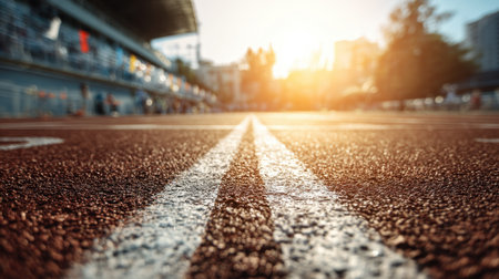 A captivating close-up shot of an athletic track focusing on lane lines, textured surface, and captivating sunset light, creating an engaging sports scene.の素材