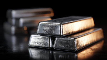 Close-up image of silver bullion bars, displaying their lustrous surface and high purity. Ideal for themes of investment, finance, and luxury in visual storytelling.の素材