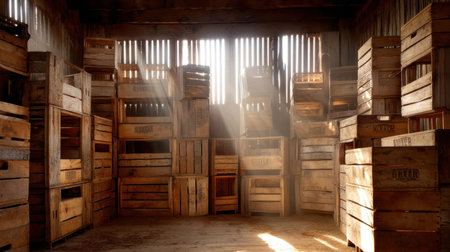 A collection of rustic wooden crates fills the interior of a charming barn, illuminated by soft sunlight filtering through slats, creating a warm and inviting scene.の素材