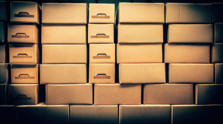 A visually appealing arrangement of stacked cardboard boxes in a warehouse setting, ideal for depicting themes of storage, shipping, and organization in logistics.の素材