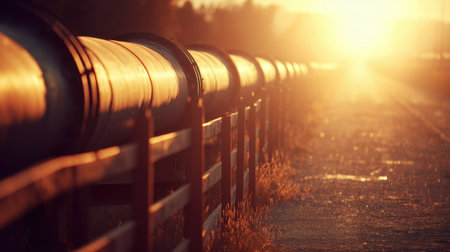 A serene sunset casts warm hues over a pipeline, creating a tranquil atmosphere along a rural landscape path. The soft evening light enhances the natural beauty, inviting exploration.の素材