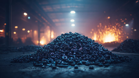 A dramatic view of a pile of metal scraps illuminated by background sparks in an industrial setting, capturing the essence of manufacturing and production.の素材