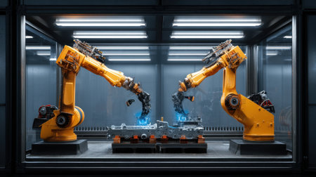 This image showcases two advanced robotic arms working in sync to assemble mechanical parts in a modern factory setting, highlighting innovation in automation.の素材