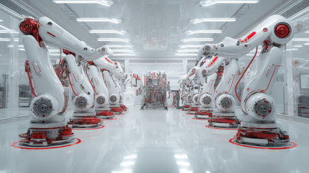 A high-tech manufacturing facility featuring multiple robotic arms working in harmony. The clean environment emphasizes innovation and automation in modern industrial processes.の素材