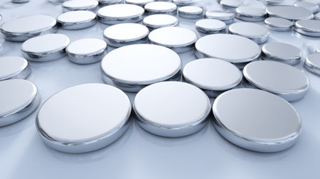 A creative arrangement of shiny metallic coins on a reflective surface, creating an abstract background perfect for themes related to finance, business, and modern design.の素材