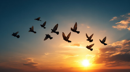 Majestic birds soar across a stunning sky at sunset, creating a beautiful silhouette against the vibrant colors of the evening. A perfect moment for tranquility.の素材
