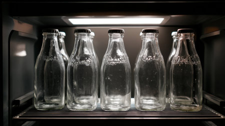 This image features vintage glass bottles neatly arranged in a refrigerator, illuminated by soft lighting, showcasing a fresh and minimalist aesthetic for modern kitchens.の素材