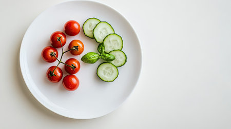 A bright and appealing presentation of fresh cherry tomatoes and sliced cucumbers adorned with basil leaves, perfect for healthy meals and snacks.の素材