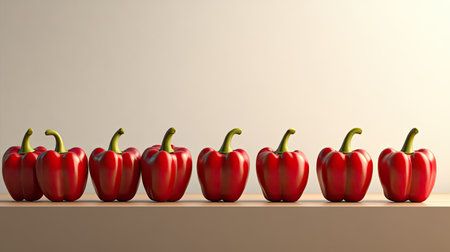 A vibrant display of fresh red bell peppers arranged stylishly on a surface. This image highlights color, freshness, and culinary potential, perfect for food-related projects.の素材