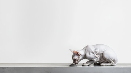 A sphynx cat gently enjoys a meal from a small bowl on a minimalist gray surface. The serene setting highlights the unique features of the hairless breed.の素材