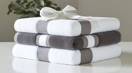 A visually appealing arrangement of soft towels stacked neatly with a delicate ribbon. Ideal for home, spa, or bathroom decor, adding elegance and comfort.の素材