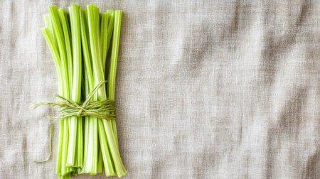 A bundle of fresh green celery stalks tied neatly with twine, set against a textured linen background. Perfect for showcasing healthy cooking and vibrant ingredients.の素材